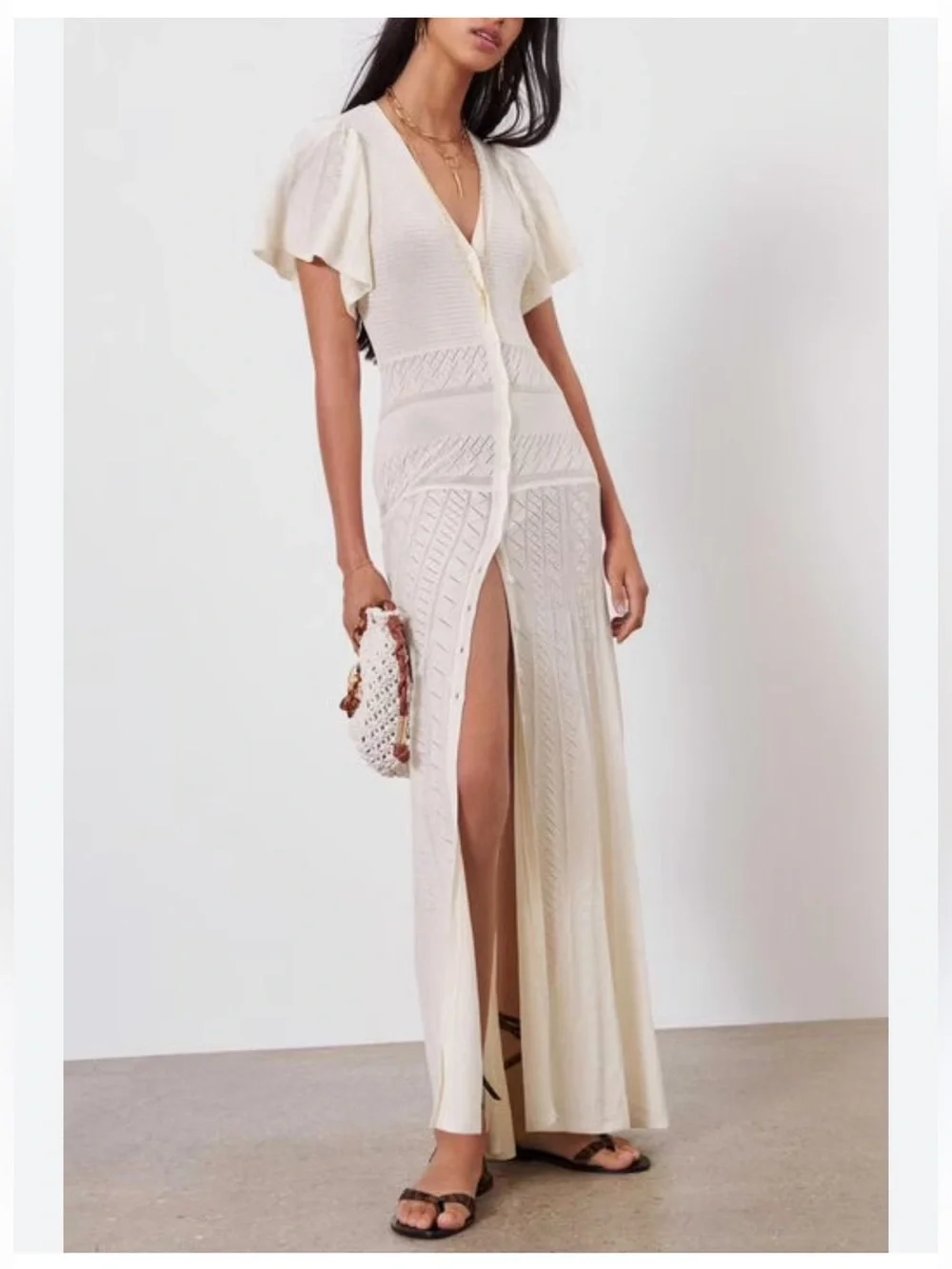ba&sh AVIVA romantic feminine minimalist Knit maxi dress V-Neck ecru - Picture 3 of 7